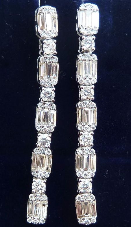 Stunning Art Deco 18ct 18k White Gold 1.45ct Baguette Diamond Vintage Antique Dangle Earrings