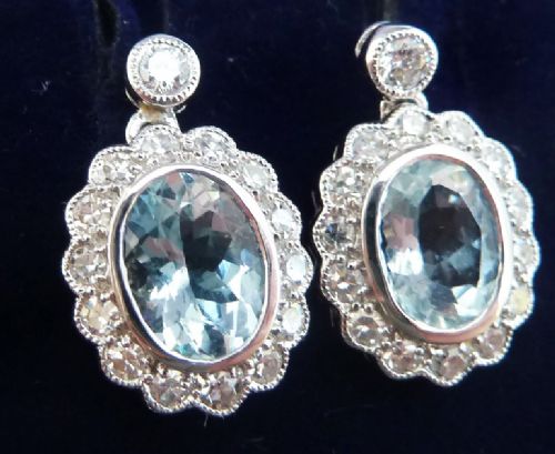fig 1. Gorgeous art deco 18ct 18k white gold aquamarine and diamond vintage antique cluster drop earrings