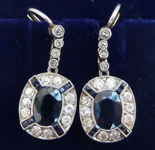 Stunning 18ct 18k and Platinum Art Deco 2.70ct Sapphire and Diamond Vintage Antique Cluster Earrings