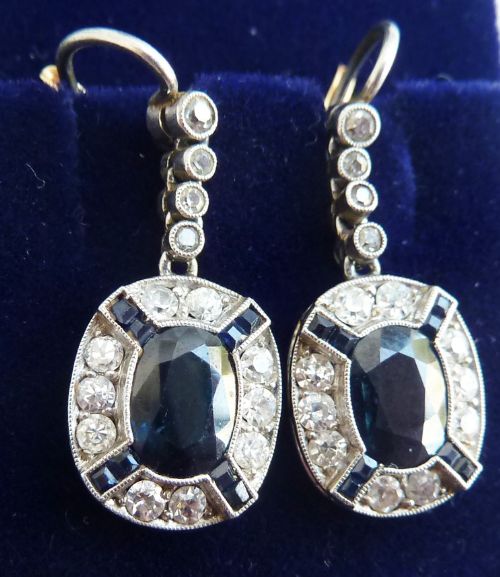 fig 1. Stunning 18ct 18k and platinum art deco 2.70ct sapphire and diamond vintage antique cluster earrings