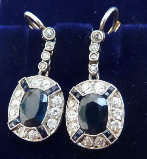 fig 2. Stunning 18ct 18k and platinum art deco 2.70ct sapphire and diamond vintage antique cluster earrings