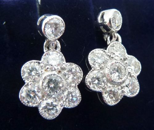 fig 1. Gorgeous art deco 18ct 18k white gold 1.12ct diamond daisy vintage antique cluster drop earrings