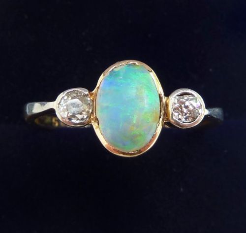 Beautiful Art Deco 18ct 18k and Platinum 0.75ct Opal and Diamond Vintage Antique Trilogy Ring