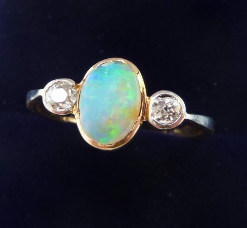 fig 1. Beautiful art deco 18ct 18k and platinum 0.75ct opal and diamond vintage antique trilogy ring