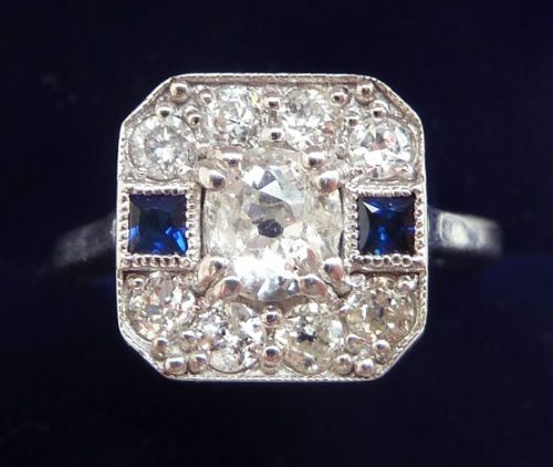 Beautiful 18ct 18k White Gold Art Deco Sapphire and 1.10ct Diamond Vintage Antique Cluster Ring
