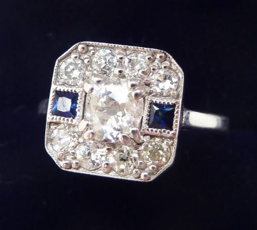 fig 1. Beautiful 18ct 18k white gold art deco sapphire and 1.10ct diamond vintage antique cluster ring