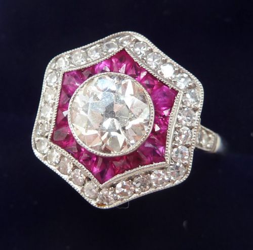 fig 1. Stunning art deco platinum ruby and 1.76ct diamond cluster vintage antique ring