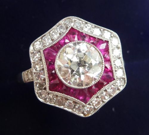 fig 2. Stunning art deco platinum ruby and 1.76ct diamond cluster vintage antique ring