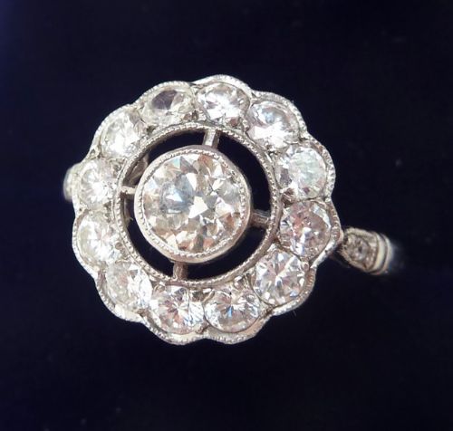 fig 1. Big beautiful art deco platinum 1.45ct diamond cluster vintage antique target ring