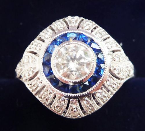 fig 1. Gorgeous art deco 18ct 18k white gold diamond and sapphire vintage antique target ring