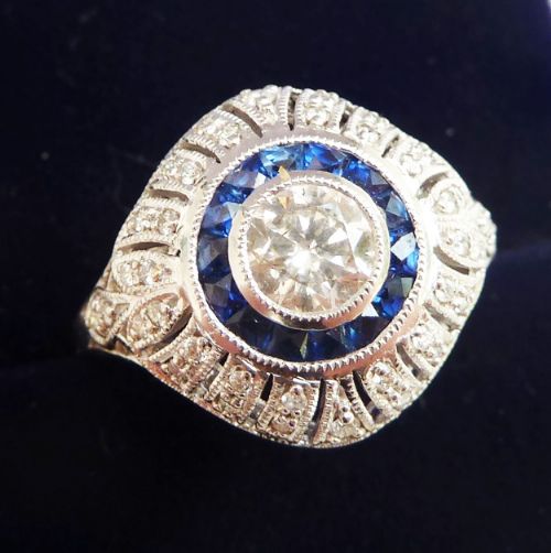 fig 2. Gorgeous art deco 18ct 18k white gold diamond and sapphire vintage antique target ring