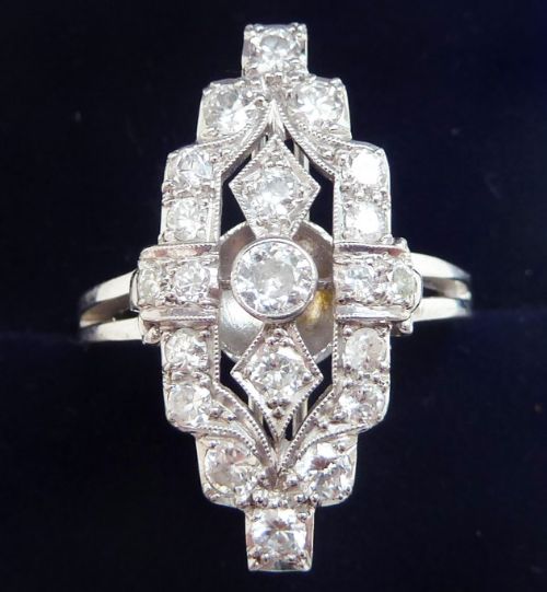 Stunning Art Deco 18ct 18k White Gold 1.05ct Diamond Elongated Cluster Vintage Antique Ring
