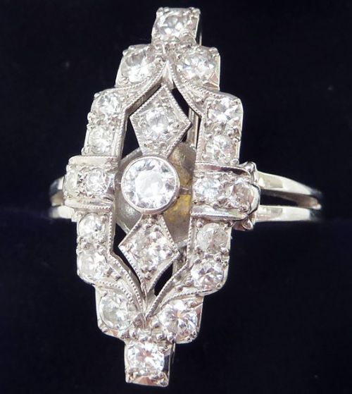 fig 1. Stunning art deco 18ct 18k white gold 1.05ct diamond elongated cluster vintage antique ring