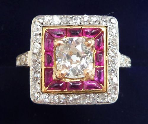 Stunning Art Deco 18ct and White Gold Ruby and 1.29ct Diamond Cluster Vintage Antique Ring