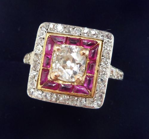 fig 1. Stunning art deco 18ct and white gold ruby and 1.29ct diamond cluster vintage antique ring