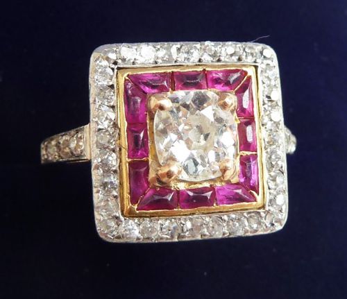 fig 2. Stunning art deco 18ct and white gold ruby and 1.29ct diamond cluster vintage antique ring