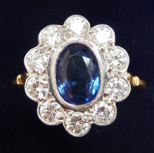 Gorgeous Art Deco 18ct 18k and White Gold 1.50ct Sapphire and Diamond Vintage Antique Cluster Ring