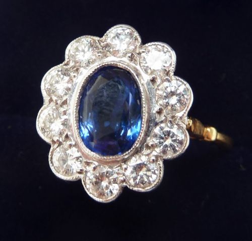 fig 1. Gorgeous art deco 18ct 18k and white gold 1.50ct sapphire and diamond vintage antique cluster ring
