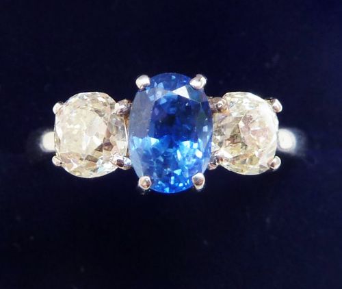 Stunning edwardian platinum 1.25ct sapphire and diamond vintage antique trilogy three stone ring