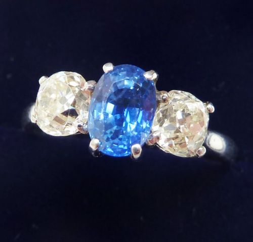 fig 1. Stunning edwardian platinum 1.25ct sapphire and diamond vintage antique trilogy three stone ring
