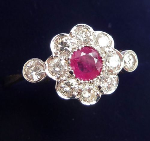 fig 2. Gorgeous art deco 18ct 18k and white gold ruby and diamond daisy vintage antique ring