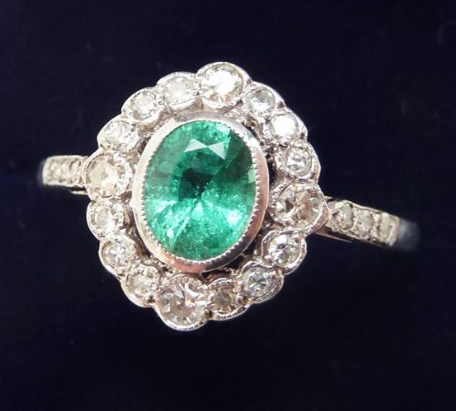 fig 1. Beautiful art deco 18ct 18k white gold 0.85ct Emerald and Diamond cluster vintage antique ring
