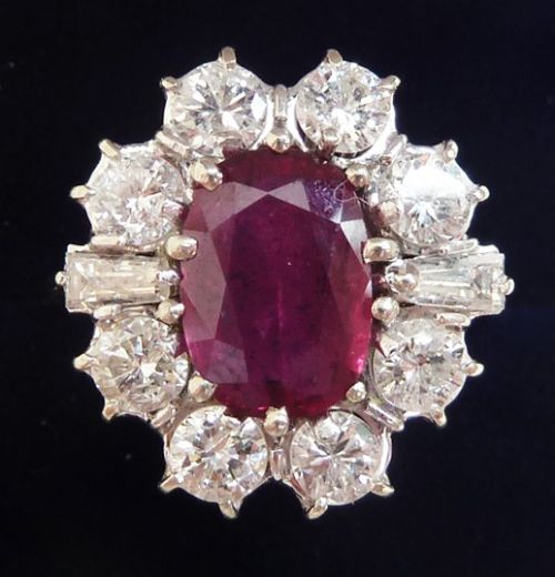 Fabulous art deco 18ct 18k white gold 2.75ct ruby and 1.60ct diamond vintage antique cluster ring