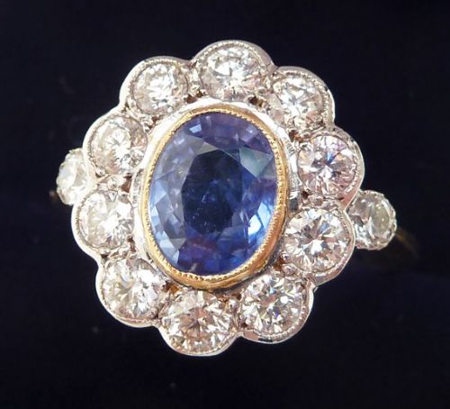 fig 1. Gorgeous 18ct 18k and white gold ceylon 1.20ct sapphire and diamond cluster ring