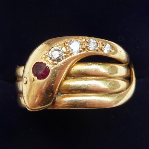 Big Beautiful Art Deco 18ct Gold Ruby and Diamond Snake Ring C.1918 Q1/2