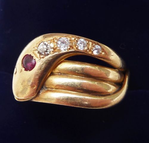 fig 1. Big beautiful art deco 18ct gold ruby and diamond snake ring c.1918 Q1/2
