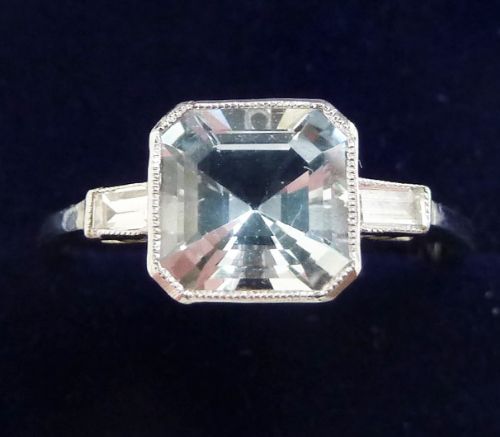 Gorgeous Art Deco 18ct White Gold Aquamarine and Baguette Diamond Trilogy Vintage Antique Ring