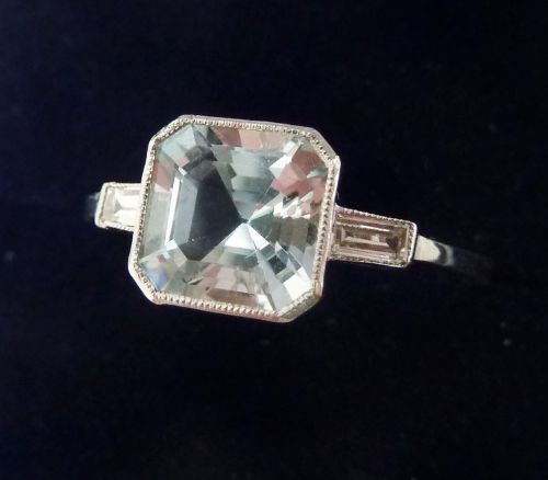 fig 1. Gorgeous art deco 18ct white gold aquamarine and baguette diamond trilogy vintage antique ring