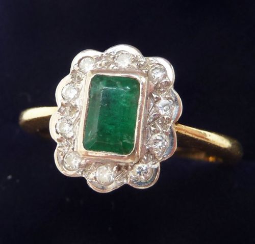 fig 1. Beautiful art deco 18ct and white gold emerald and diamond vintage antique cluster ring
