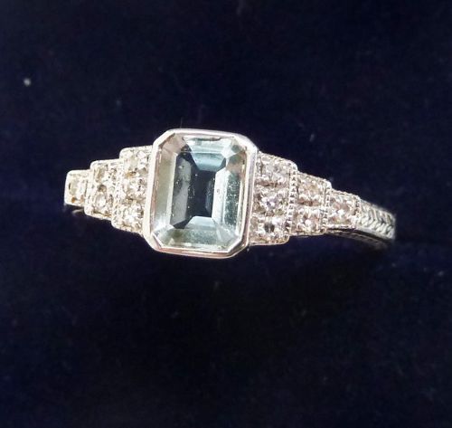 fig 1. Beautiful art deco 18ct white aquamarine and diamond vintage antique ring