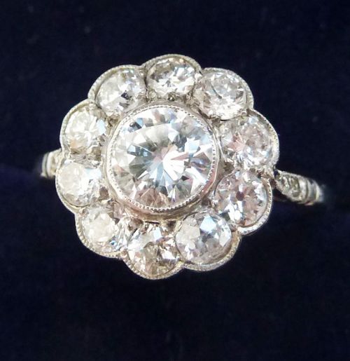 fig 1. Gorgeous art deco platinum 1.52ct diamond daisy vintage antique cluster ring