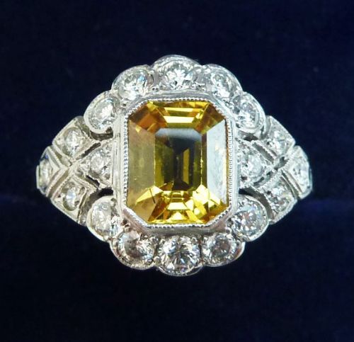 Gorgeous Platinum 2ct Emerald Cut Yellow Sapphire and Diamond Vintage Antique Cluster Ring