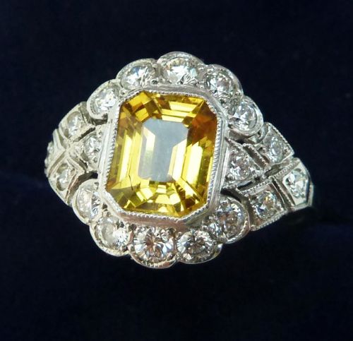 fig 1. Gorgeous platinum 2ct emerald cut yellow sapphire and diamond vintage antique cluster ring