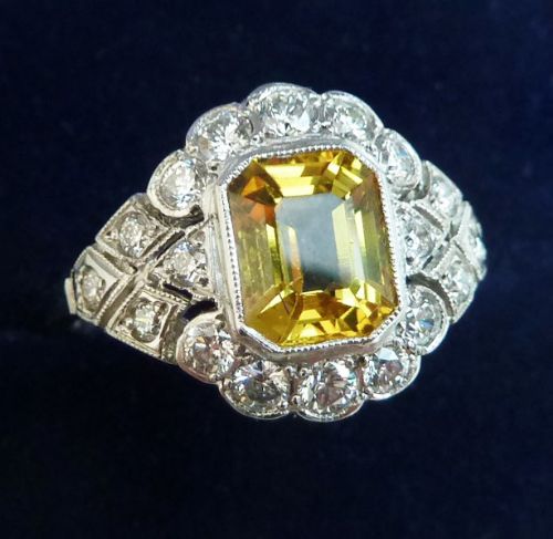 fig 2. Gorgeous platinum 2ct emerald cut yellow sapphire and diamond vintage antique cluster ring