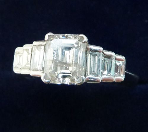 fig 1. Fabulous art deco platinum emerald cut Diamond and baguette vintage antique engagement ring