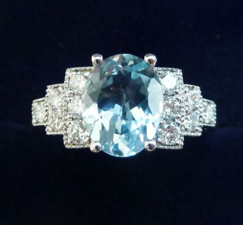 Gorgeous Art Deco 18ct 18k White Gold Aquamarine and Diamond Vintage Antique Cluster Ring