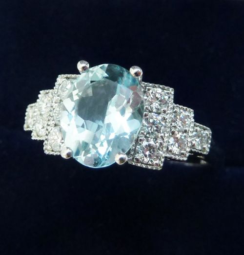 fig 1. Gorgeous art deco 18ct 18k white gold aquamarine and diamond vintage antique cluster ring