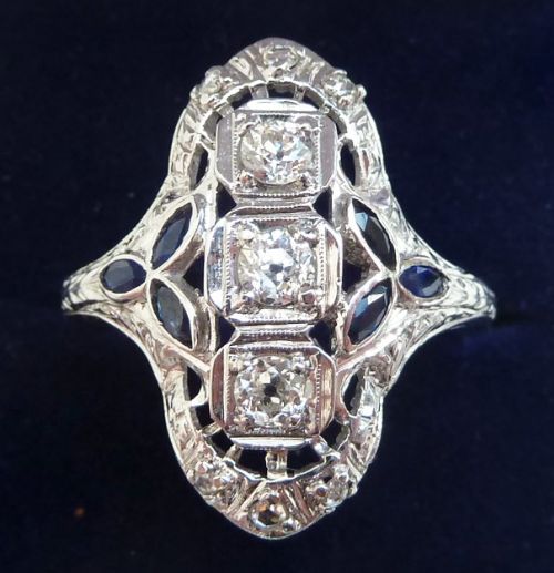 Big Beautiful Edwardian 18ct 18k White Gold Sapphire and Rose Diamond Vintage Antique Ring Size V