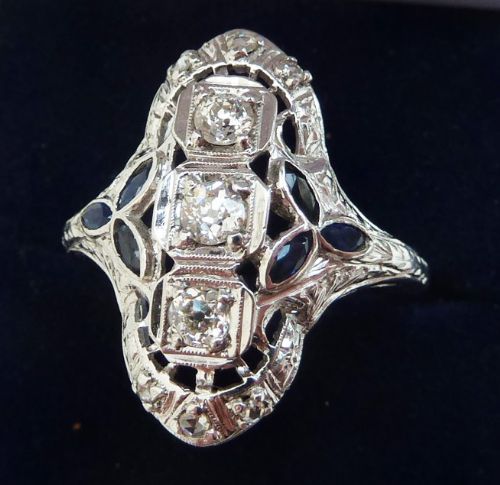 fig 1. Big beautiful edwardian 18ct 18k white gold sapphire and rose diamond vintage antique ring size V