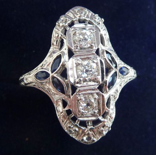 fig 2. Big beautiful edwardian 18ct 18k white gold sapphire and rose diamond vintage antique ring size V