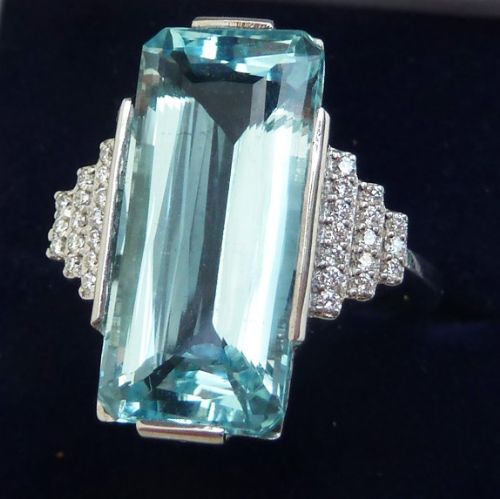 fig 1. Fabulous art deco 18ct 18k white gold 12ct elongated aquamarine and diamond vintage antique ring