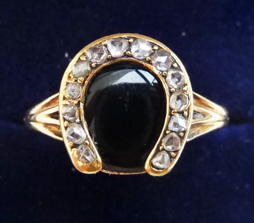 Gorgeous victorian 18ct 18k gold onyx and rose cut diamond lucky horseshoe vintage antique ring