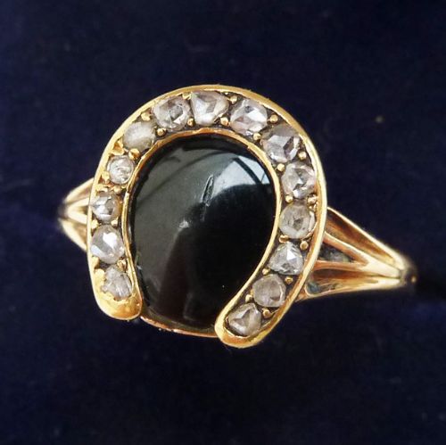 fig 1. Gorgeous victorian 18ct 18k gold onyx and rose cut diamond lucky horseshoe vintage antique ring