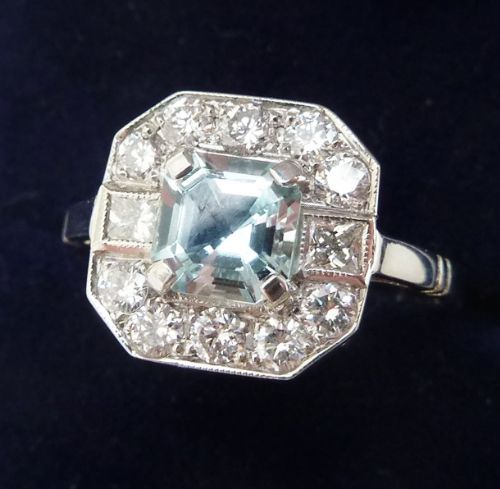 fig 1. Gorgeous art deco platinum aquamarine and baguette diamond vintage antique ring