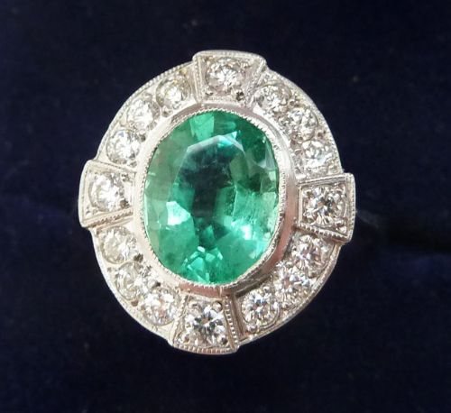 fig 1. Gorgeous art deco platinum 1.90ct emerald and diamond vintage antique cluster ring