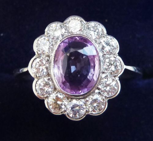 Fabulous Art Deco Platinum 1.50ct Pink Sapphire and Diamond Vintage Antique Cluster Ring